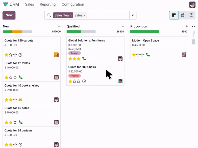 odoo CRM - leads kanban